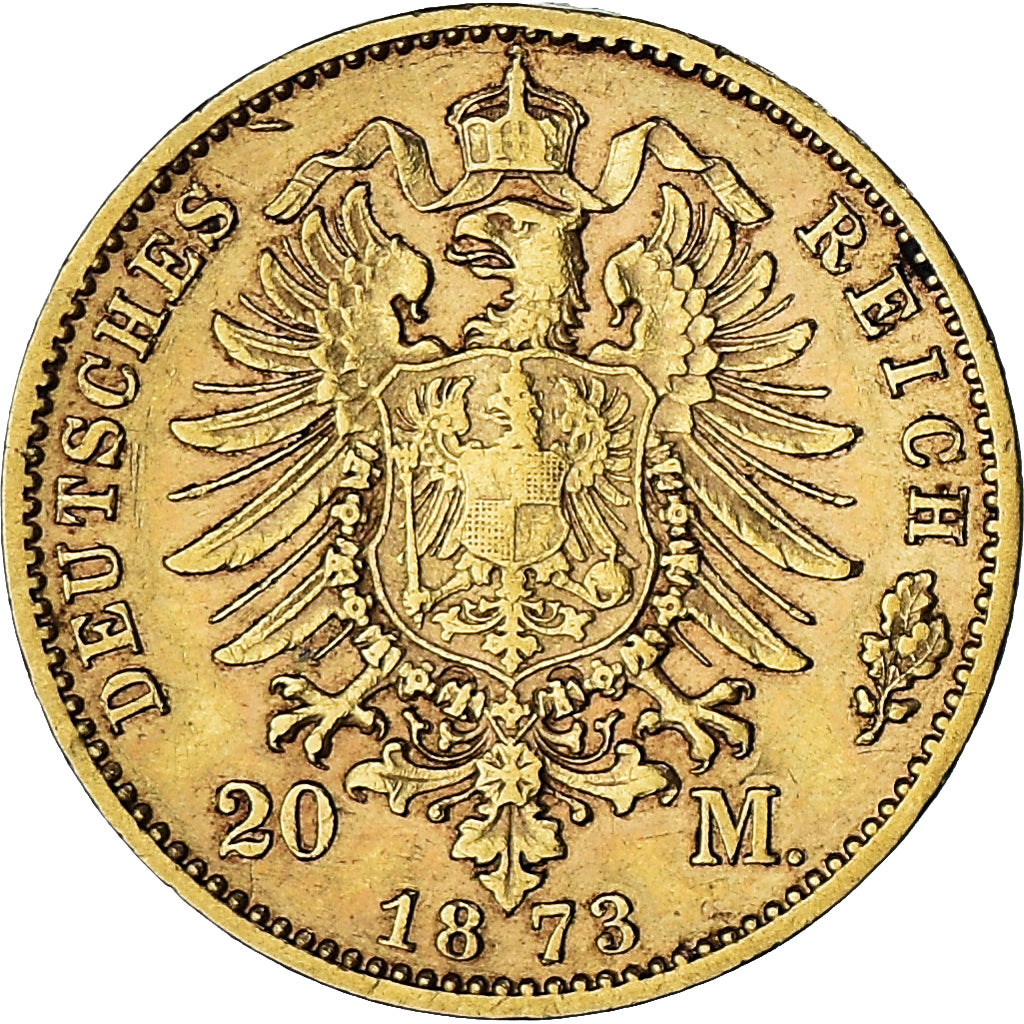 Moneta, Stati tedeschi, PRUSSIA, Wilhelm I, 20 Mark, 1873, Hannover, BB, Oro