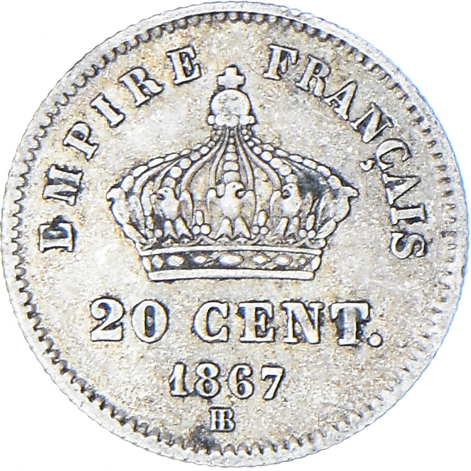 Moneda, Francia, Napoleon III, 20 Centimes, 1867, Strasbourg, BC+, Plata