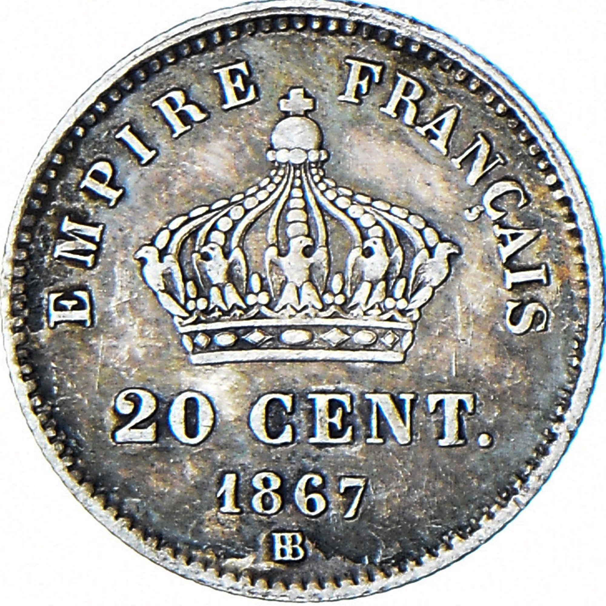 Coin, France, Napoleon III, 20 Centimes, 1867, Strasbourg, EF(40-45), Silver