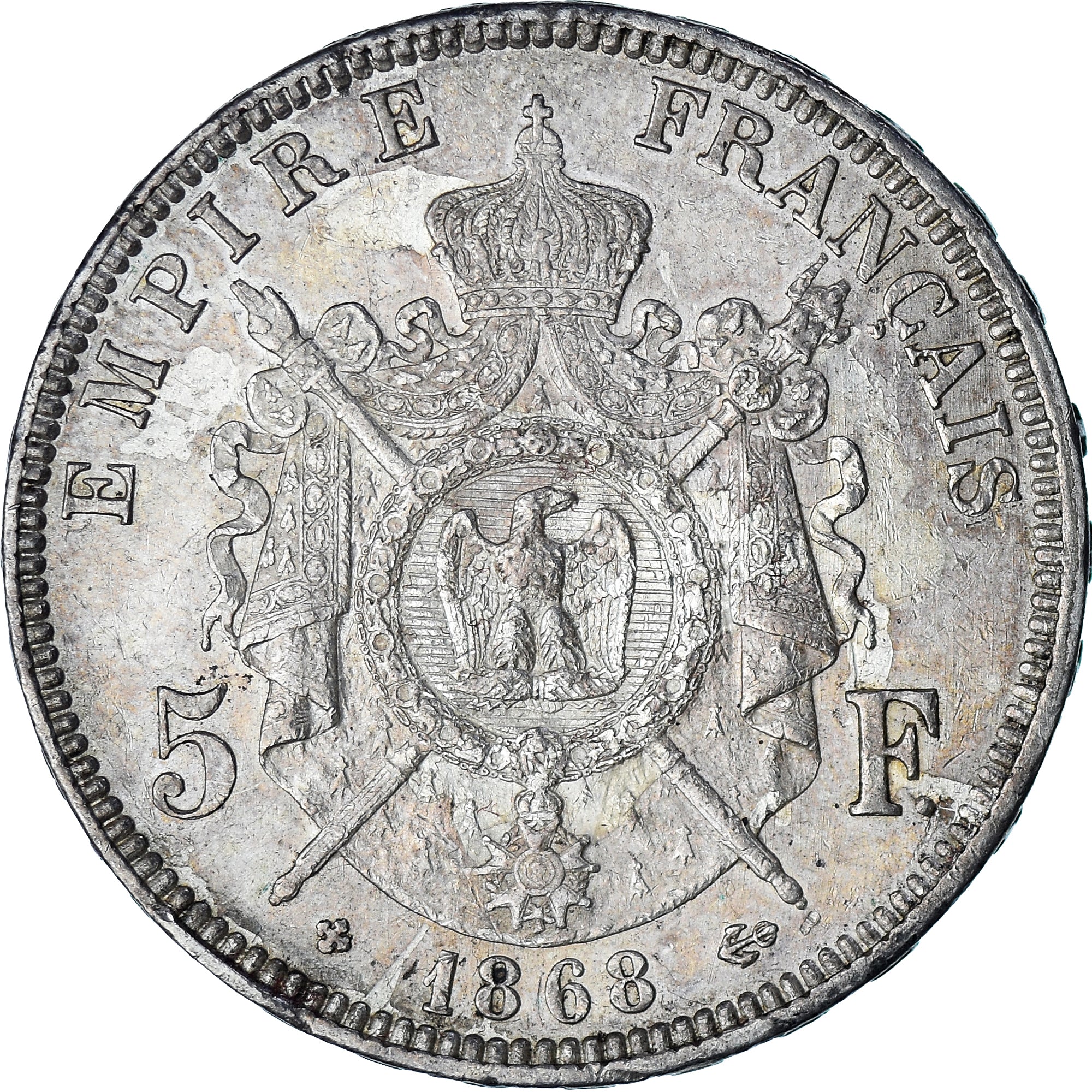 Munten, Frankrijk, Napoleon III, 5 Francs, 1868, Paris, ZF+, Zilver, KM:799.1