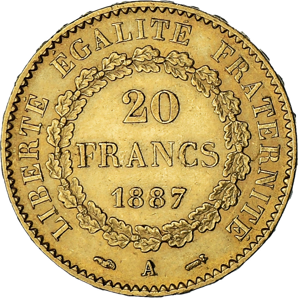 Moneda, Francia, Génie, 20 Francs, 1887, Paris, MBC+, Oro, KM:825, Gadoury:1063