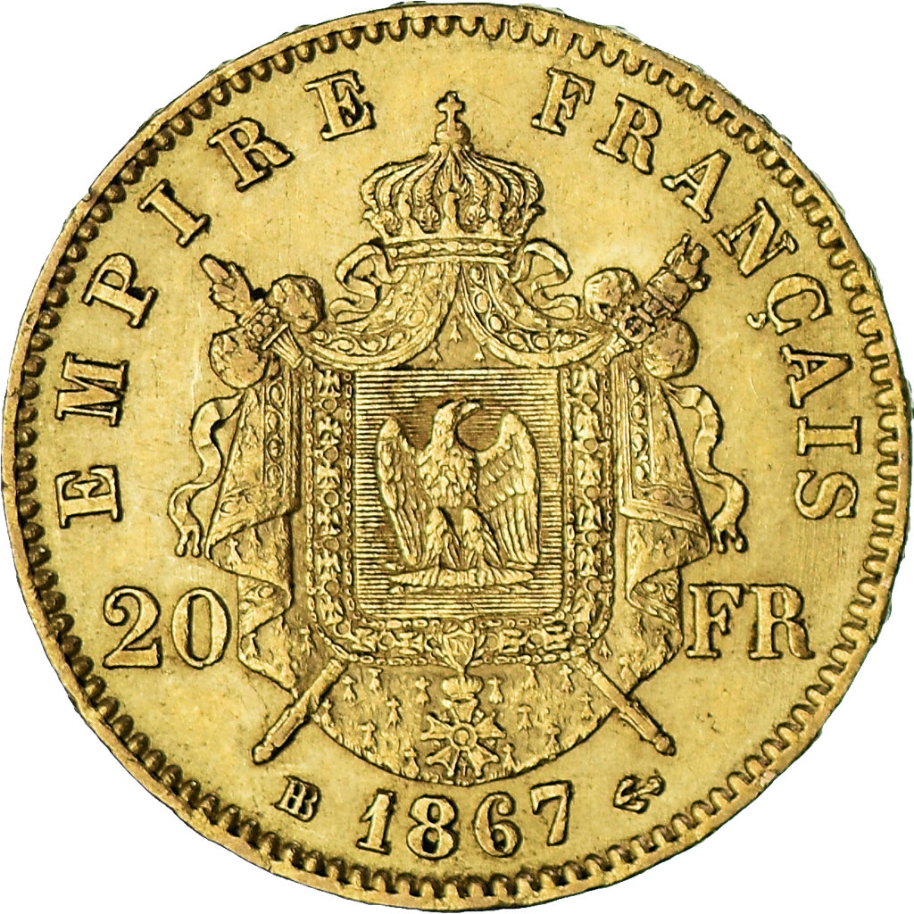 Coin, France, Napoleon III, 20 Francs, 1867, Strasbourg, AU(50-53), Gold