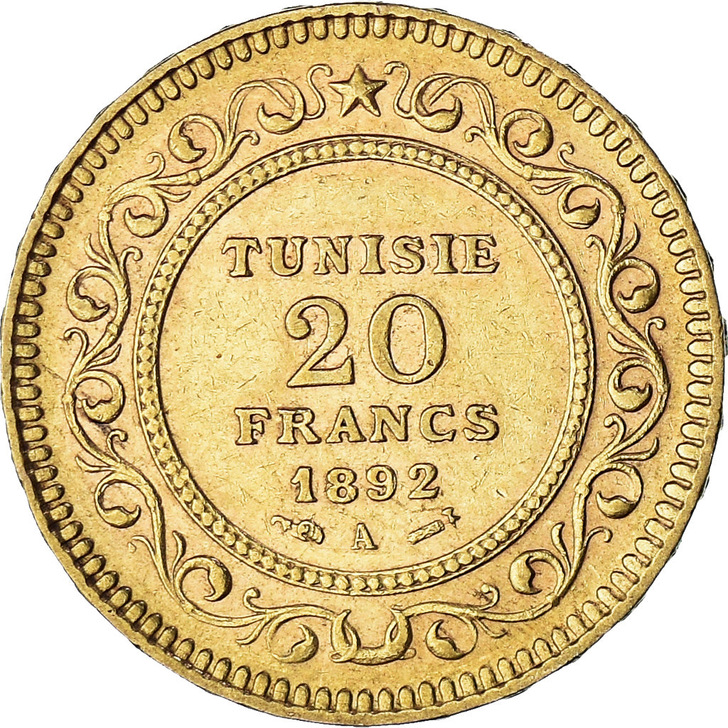 Coin, Tunisia, Ali Bey, 20 Francs, 1892, Paris, AU(50-53), Gold, KM:227