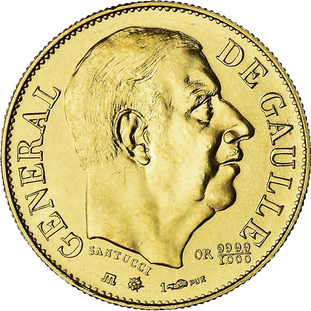 France, Medal, Général De Gaulle, 1980, Module de 20 francs, MS(65-70), Gold