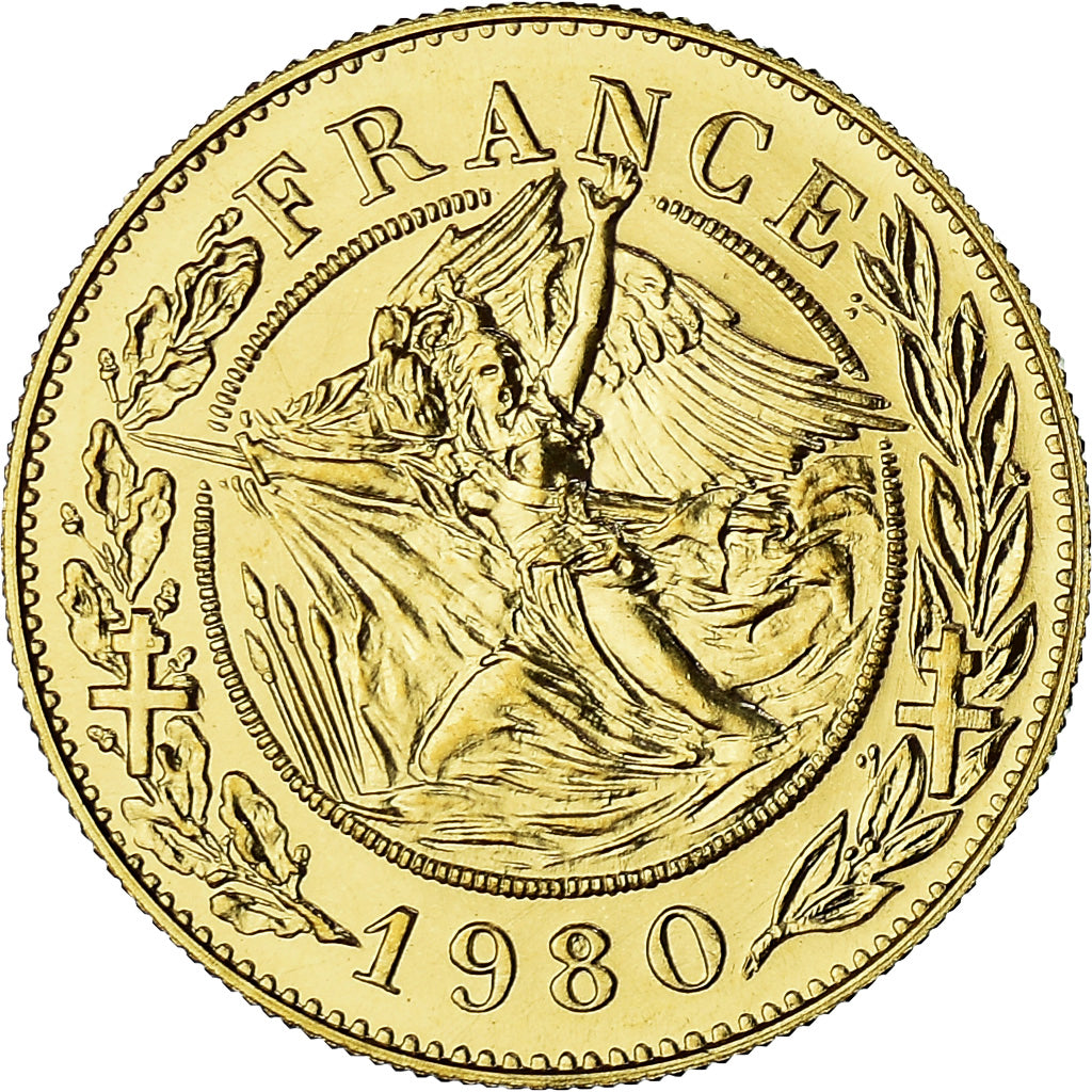 France, Medal, Général De Gaulle, 1980, Module de 20 francs, MS(65-70), Gold