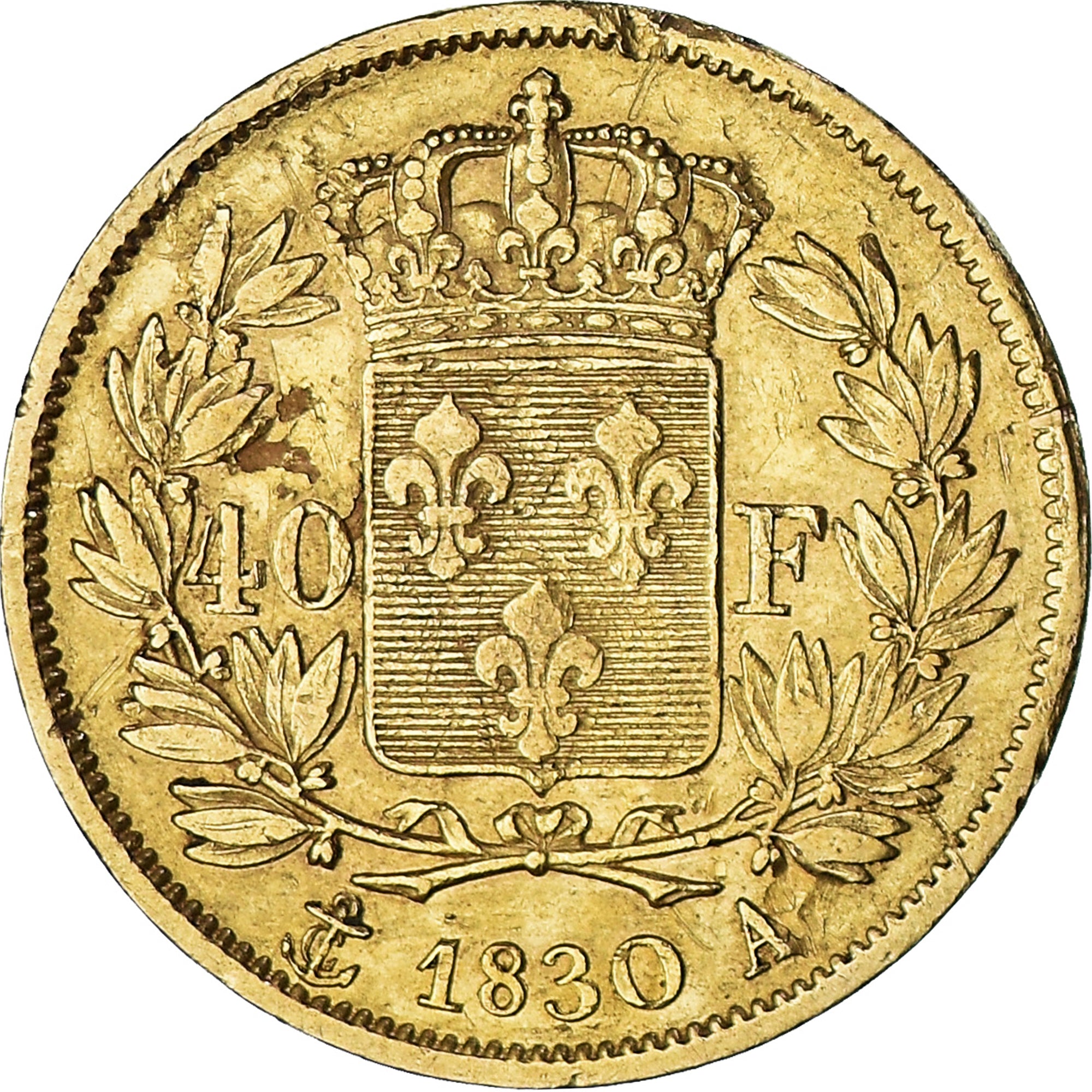 Moneta, Francia, Charles X, 40 Francs, 1830, Paris, MB+, Oro, KM:721.1
