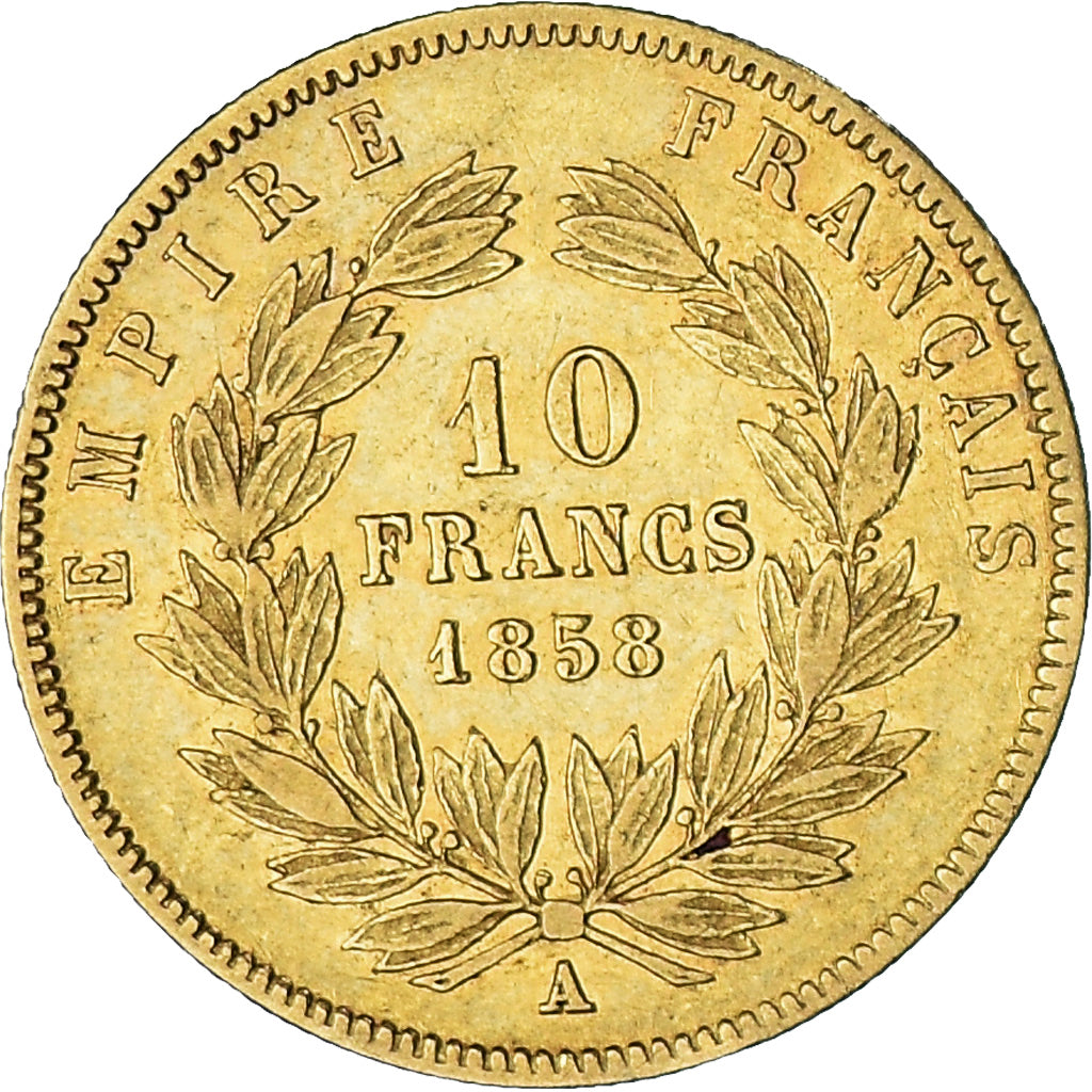 Moeda, França, Napoleon III, 10 Francs, 1858, Paris, VF(30-35), Dourado