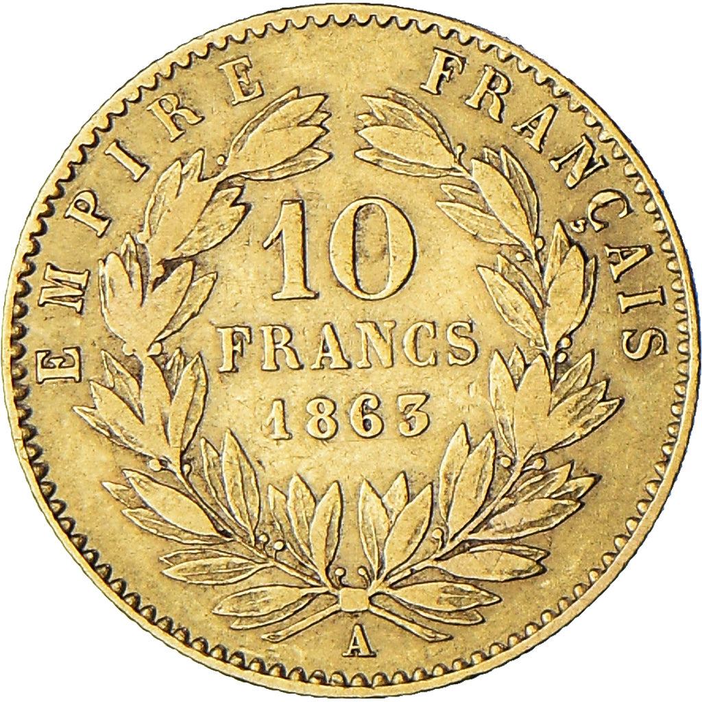Moeda, França, Napoleon III, 10 Francs, 1863, Paris, VF(30-35), Dourado