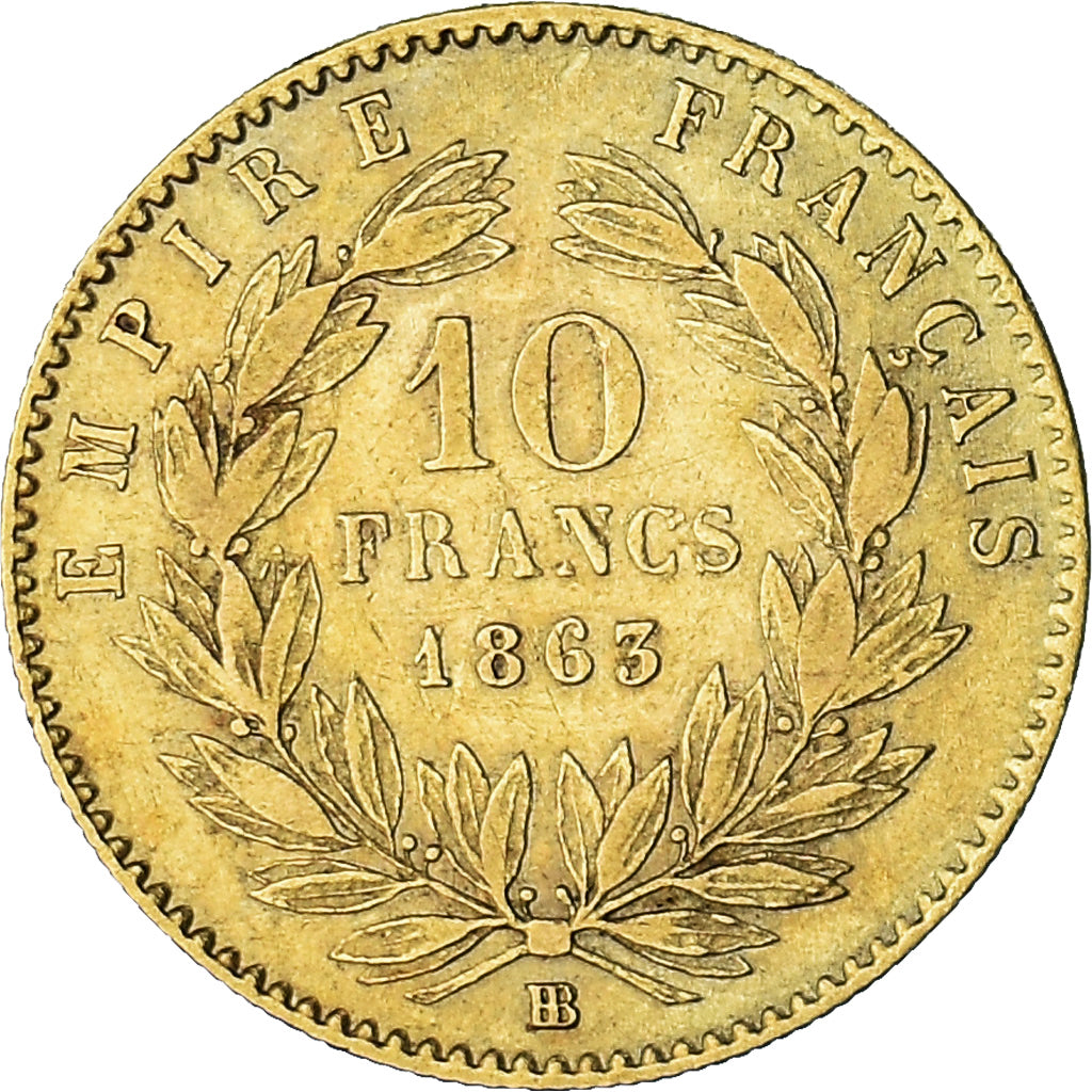 Moneda, Francia, Napoleon III, 10 Francs, 1863, Strasbourg, BC+, Oro, KM:800.2