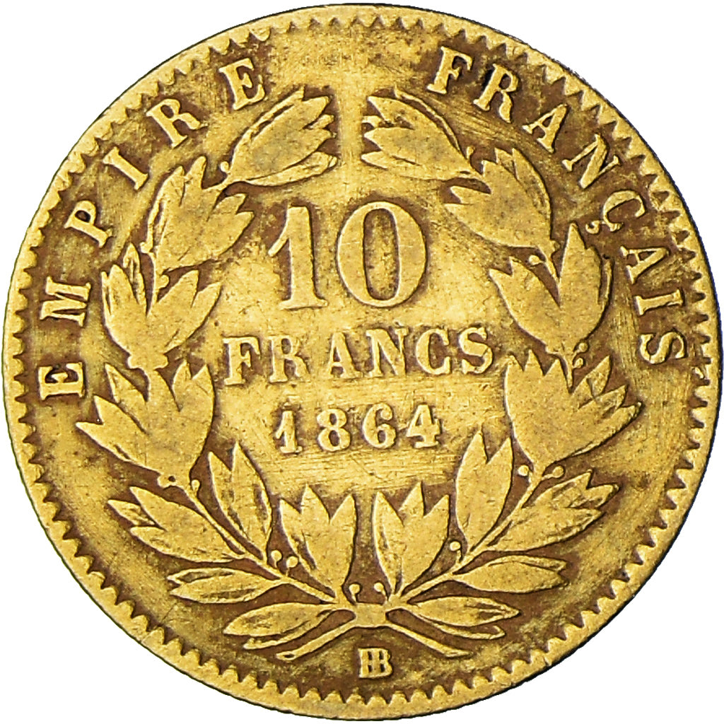 Moneta, Francja, Napoleon III, 10 Francs, 1864, Strasbourg, VF(20-25), Złoto