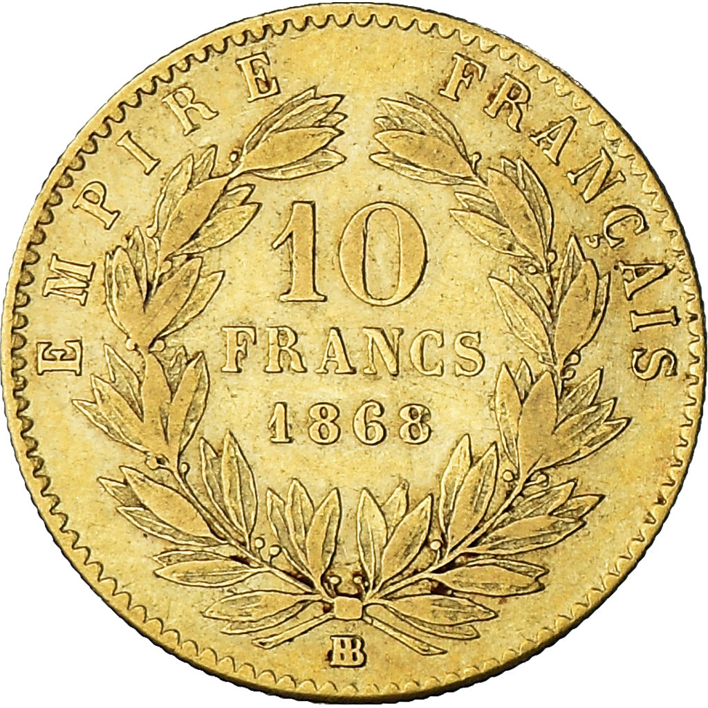 Moeda, França, Napoleon III, 10 Francs, 1868, Strasbourg, EF(40-45), Dourado