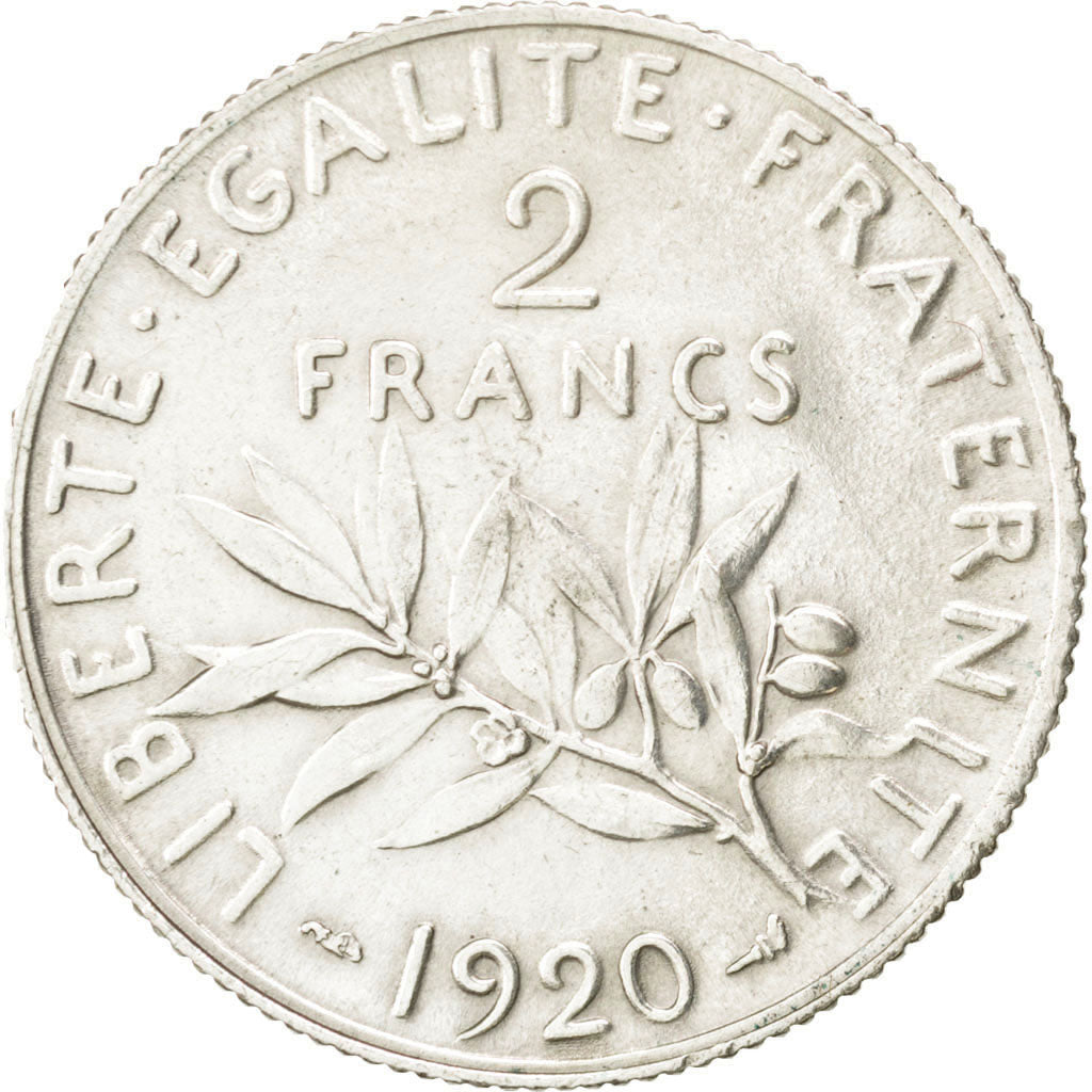 FRANCE, Semeuse, 2 Francs, 1920, Paris, KM #845.1, AU(55-58), Silver, 27,...