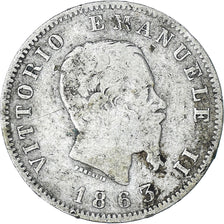 Coin, Italy, Vittorio Emanuele II, Lira, 1863, Milan, VF(20-25), Silver, KM:5a.1