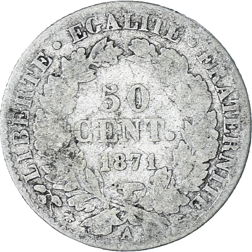 Moneta, Francia, Cérès, 50 Centimes, 1871, Paris, B+, Argento, KM:834.1