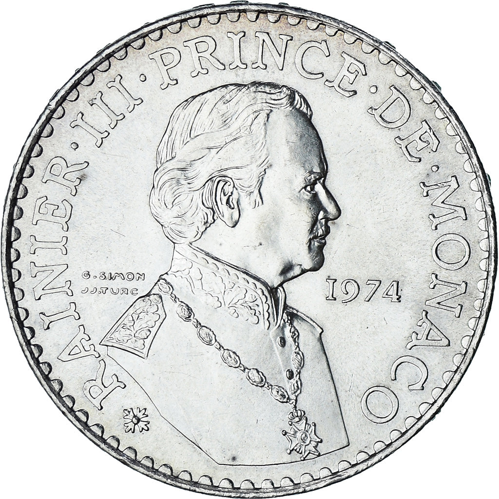 Coin, Monaco, Rainier III, 50 Francs, 1974, MS(60-62), Silver, KM:152.1