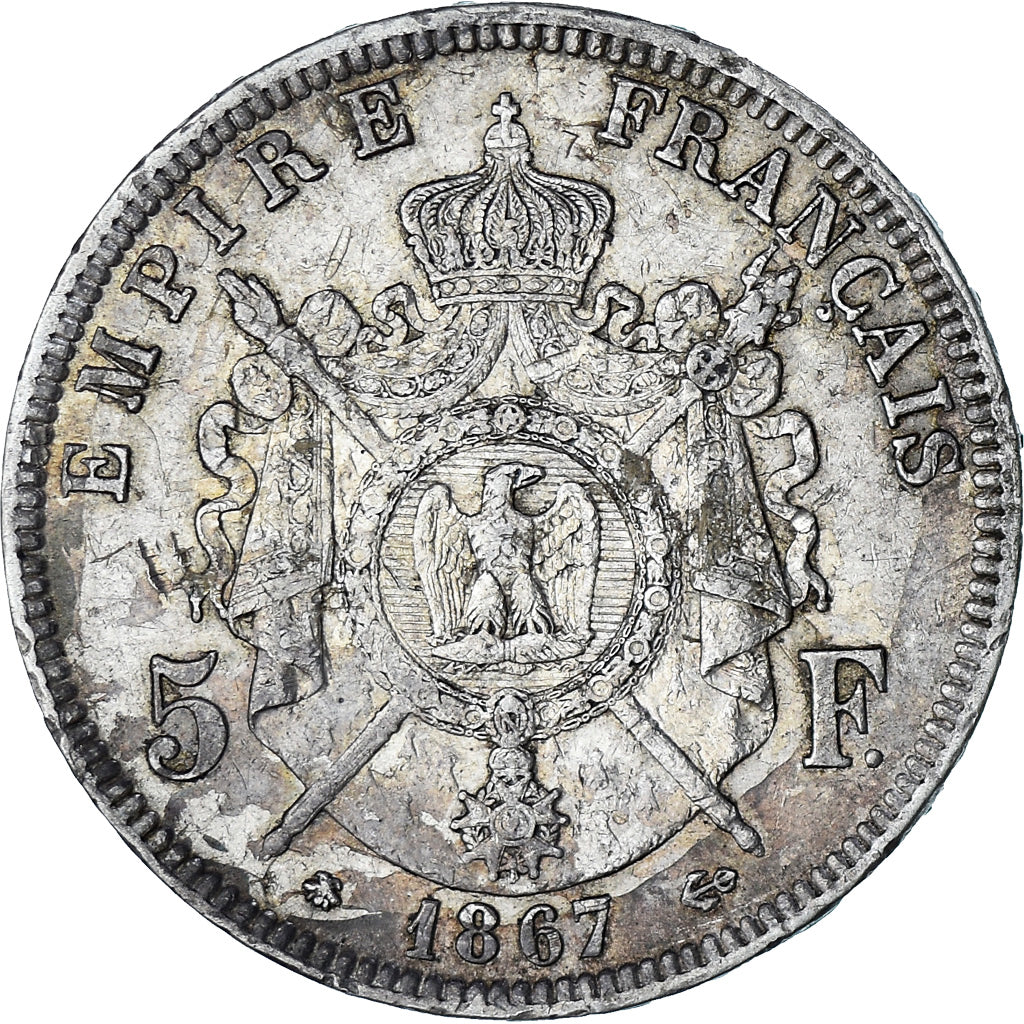 Moneta, Francia, Napoleon III, 5 Francs, 1867, Paris, MB+, Argento, KM:799.1