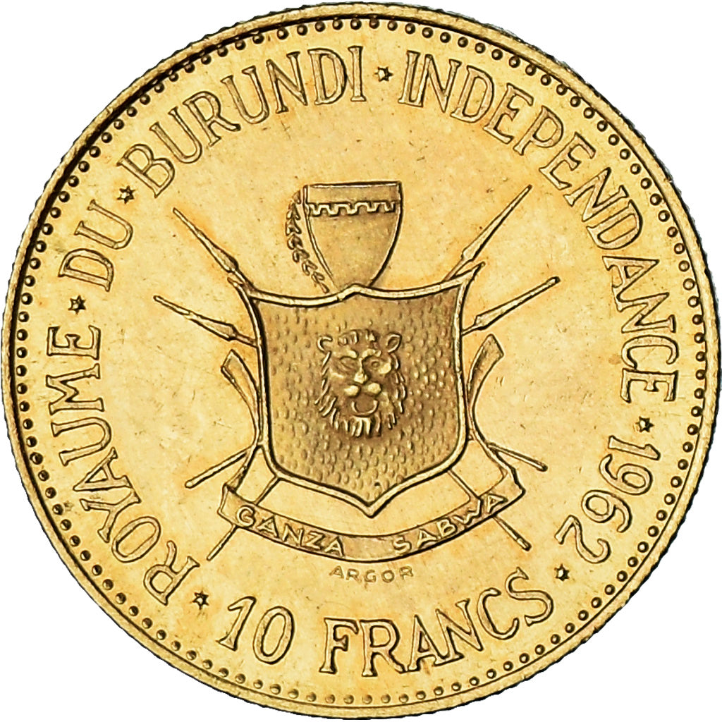 Coin, Burundi, Mwambutsa IV, 10 Francs, 1962, MS(63), Gold, KM:2