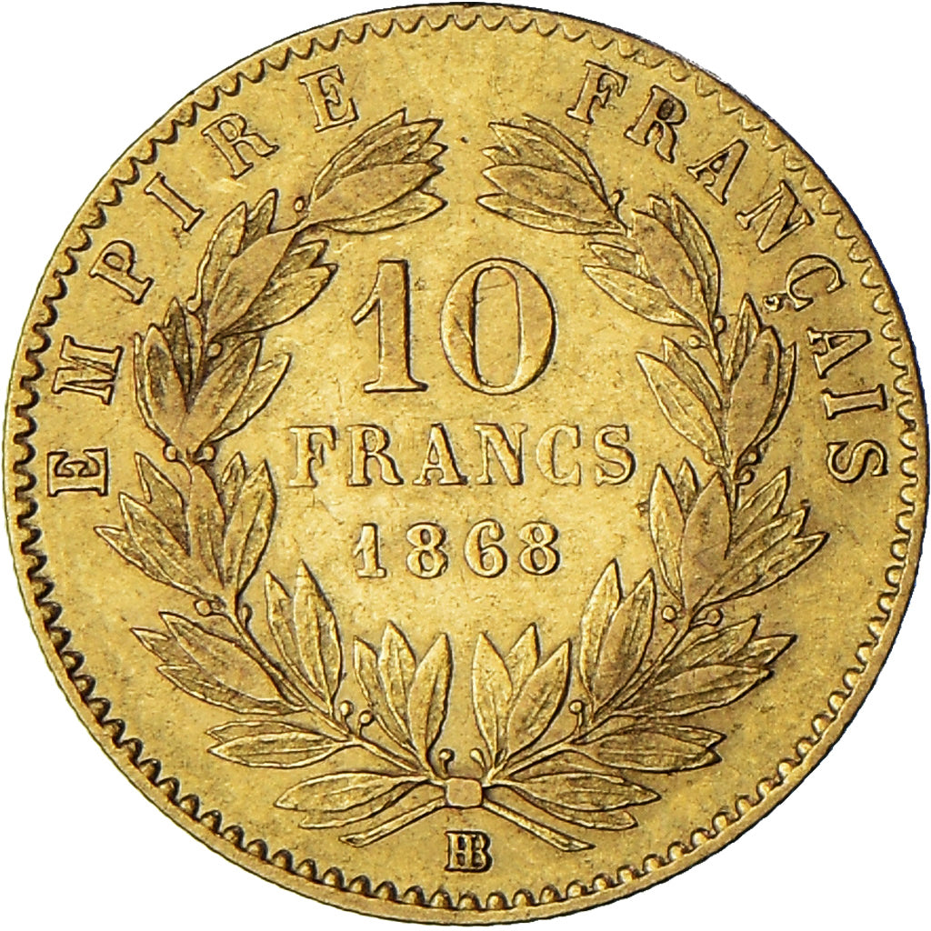 Moneta, Francia, Napoleon III, 10 Francs, 1868, Strasbourg, BB, Oro, KM:800.2