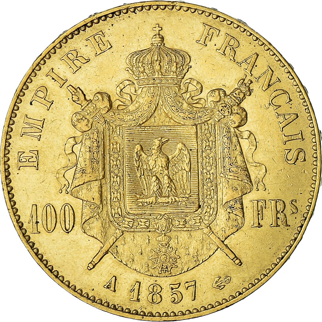 Coin, France, Napoleon III, 100 Francs, 1857, Paris, AU(50-53), Gold, KM:786.1