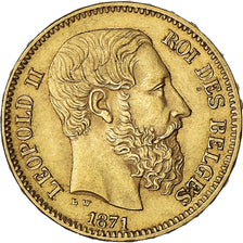 Moneta, Belgio, Leopold II, 20 Francs, 20 Frank, 1871, Small Date, BB+, Oro