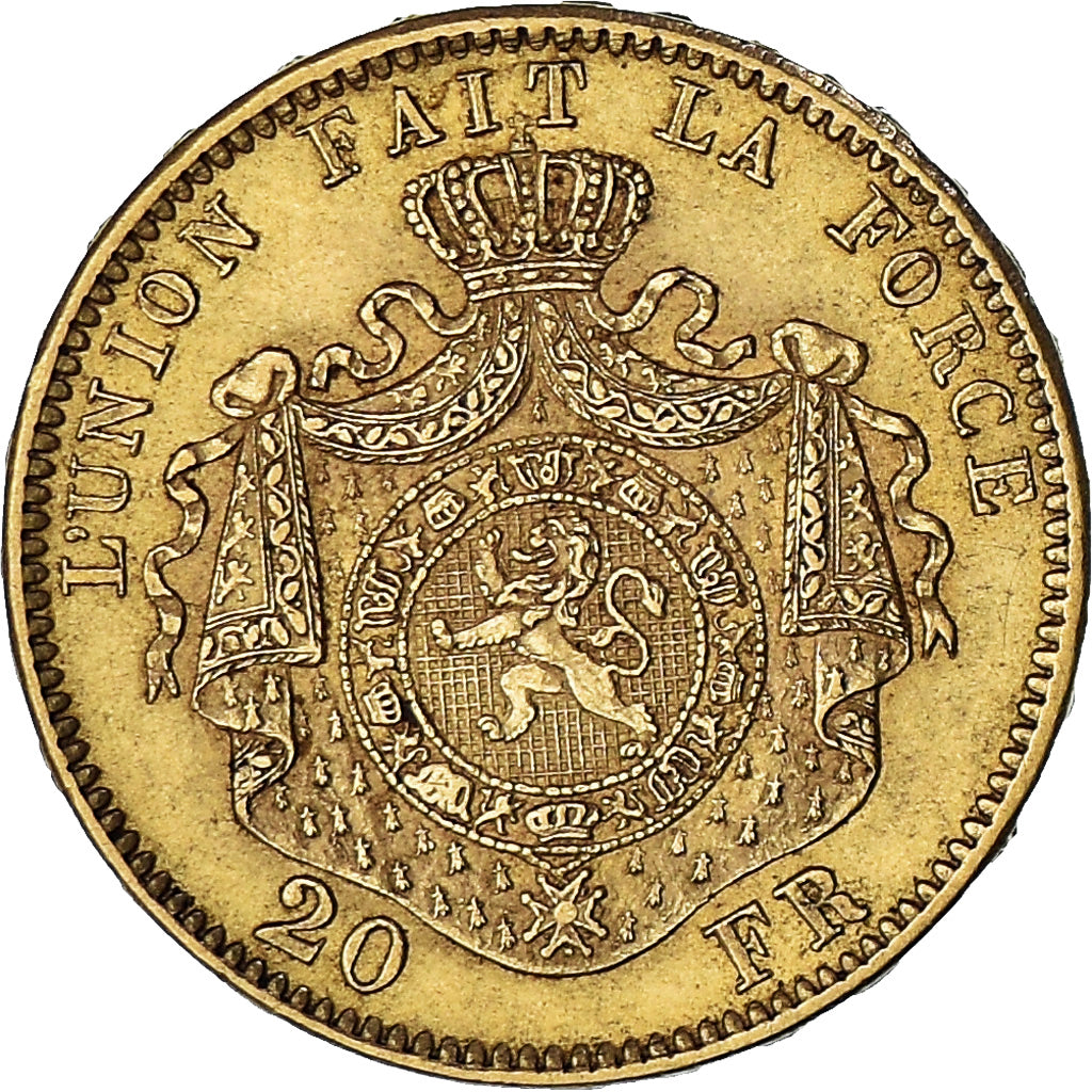 Moneta, Belgio, Leopold II, 20 Francs, 20 Frank, 1871, Small Date, BB+, Oro