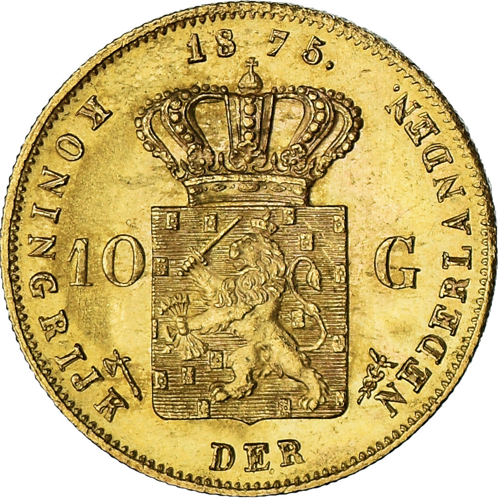 Coin, Netherlands, William III, 10 Gulden, 1875, AU(55-58), Gold, KM:105