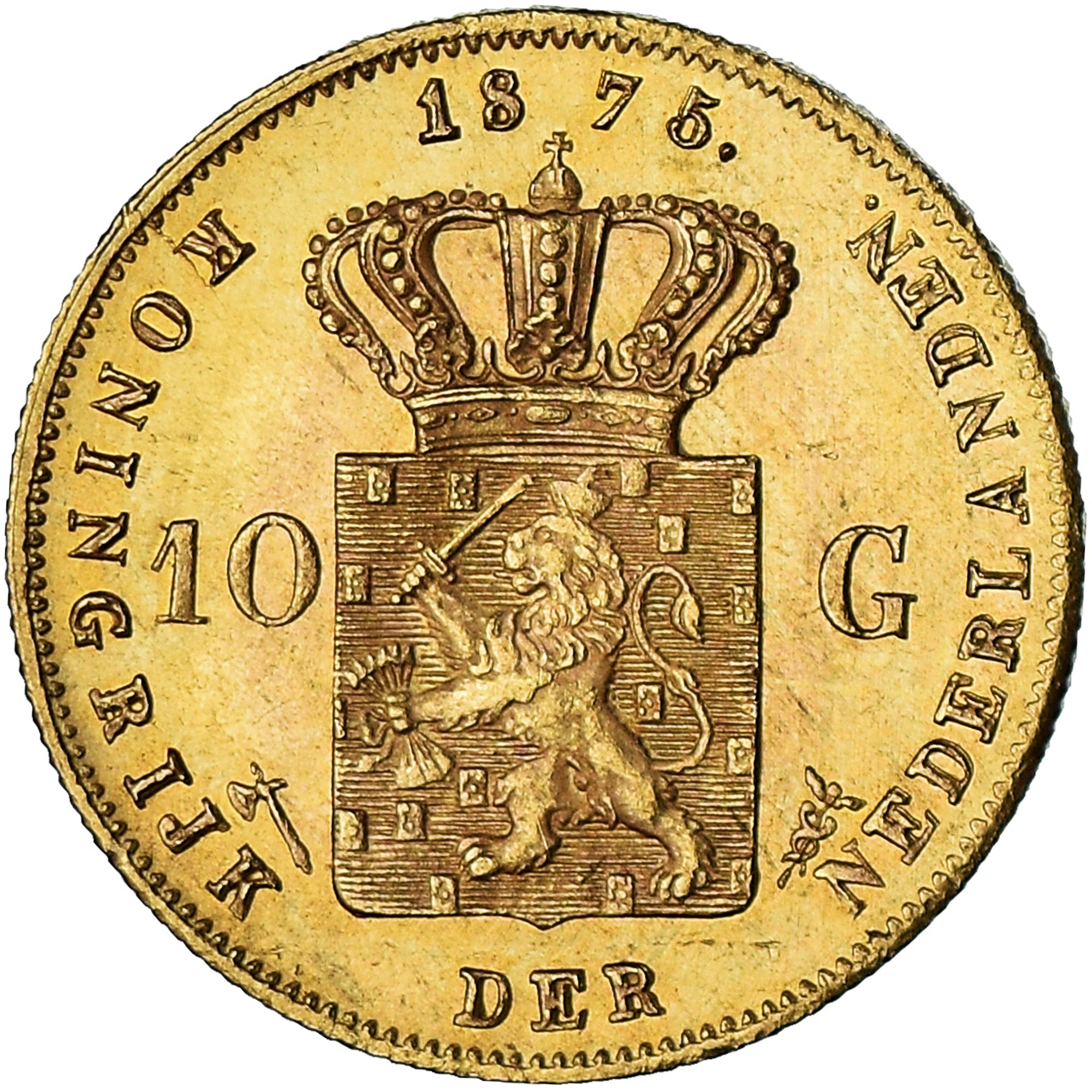 Coin, Netherlands, William III, 10 Gulden, 1875, MS(60-62), Gold, KM:105