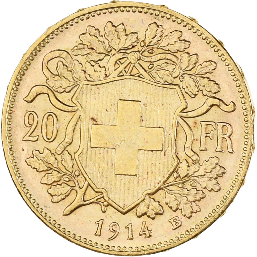 Coin, Switzerland, 20 Francs, 1914, Bern, MS(60-62), Gold, KM:35.1