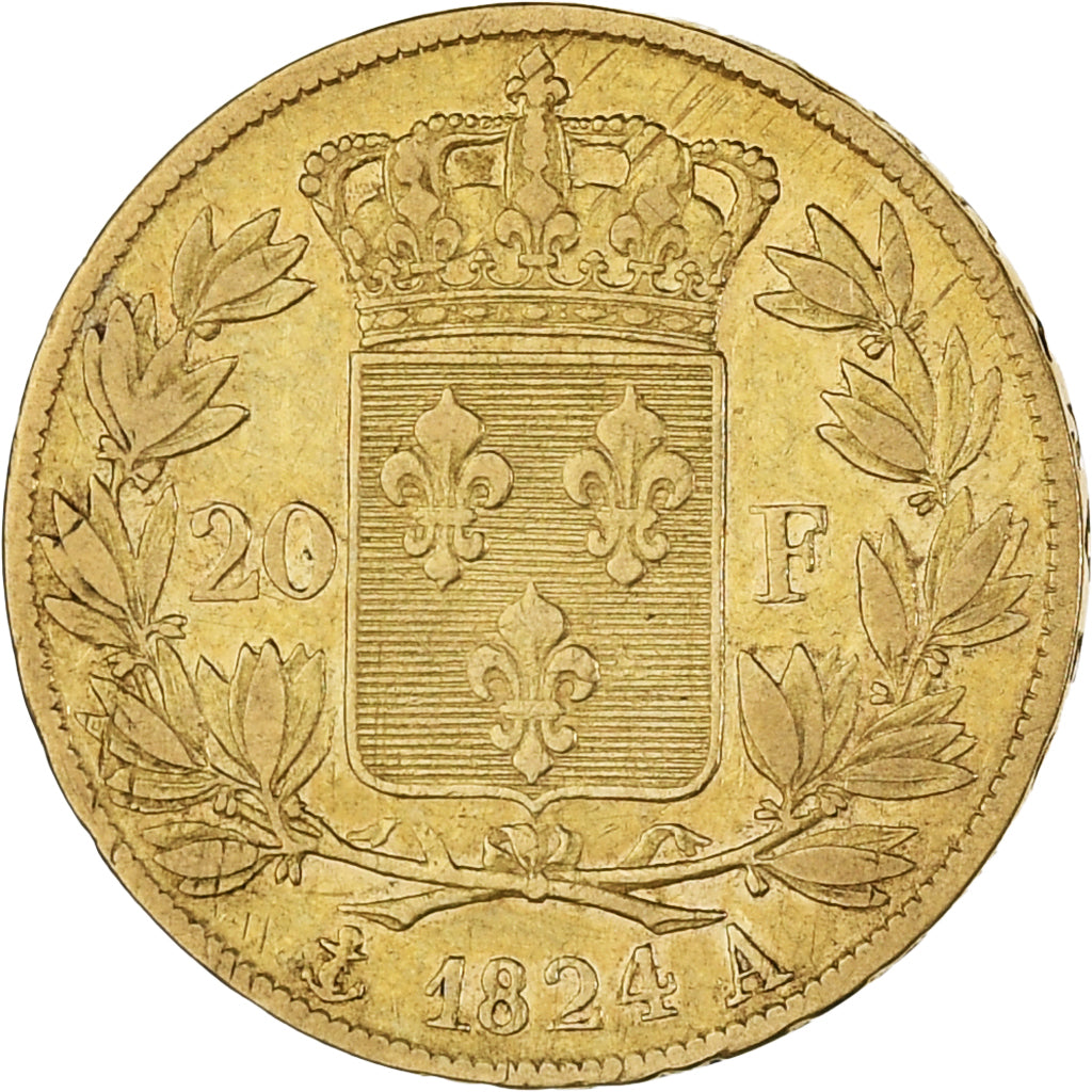 Coin, France, Louis XVIII, 20 Francs, 1824, Paris, VF(30-35), Gold, KM:712.1