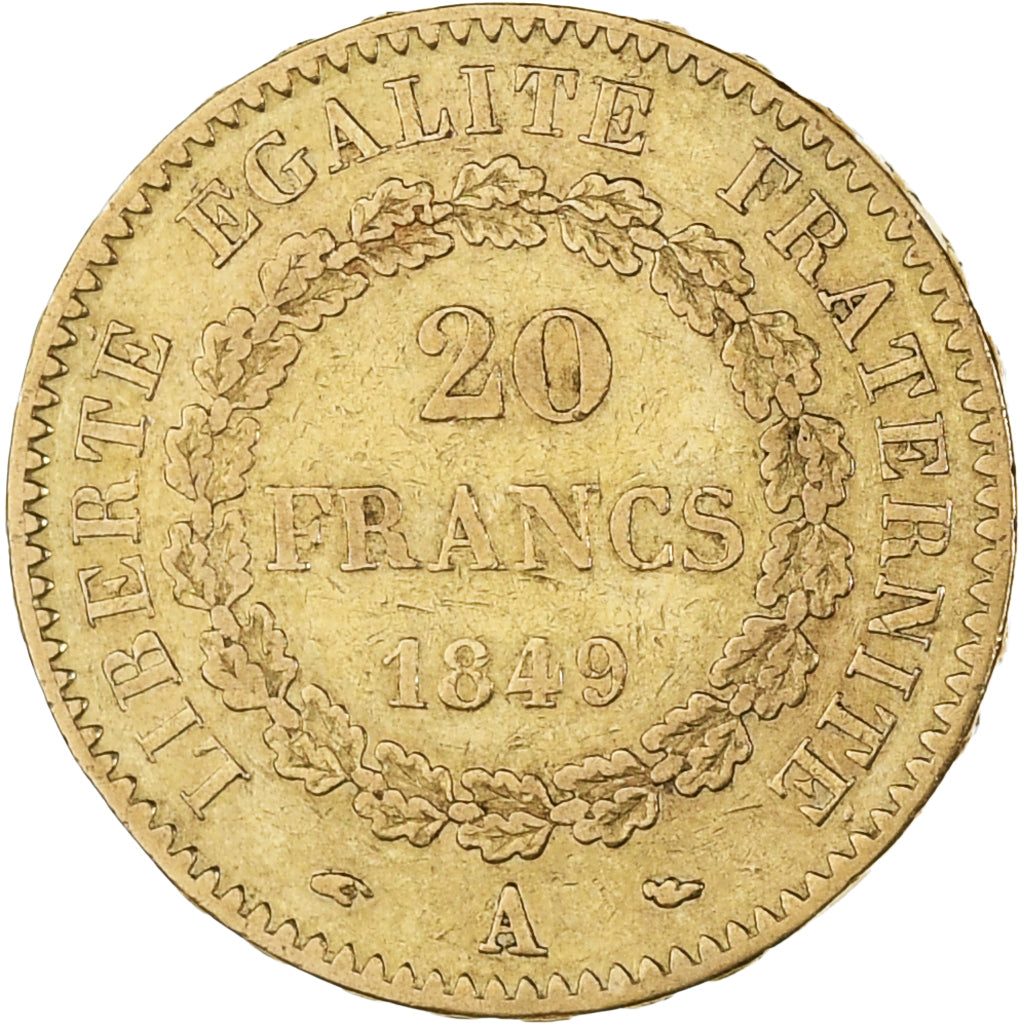 Moneta, Francia, Génie, 20 Francs, 1849, Paris, MB+, Oro, KM:757, Gadoury:1032