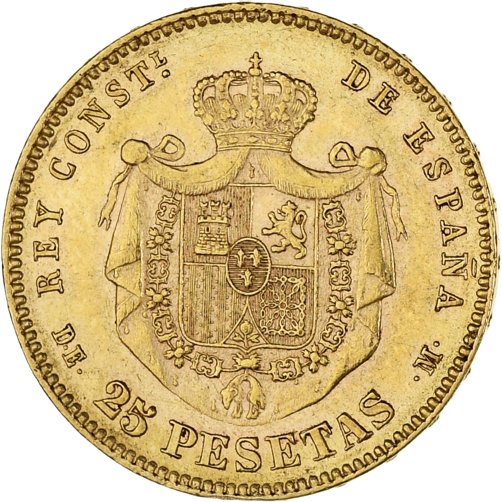 Coin, Spain, Alfonso XII, 25 Pesetas, 1877, Madrid, AU(55-58), Gold