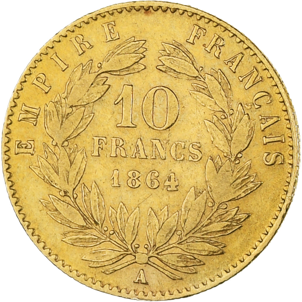 Moneda, Francia, Napoleon III, 10 Francs, 1864, Paris, BC+, Oro, KM:800.1