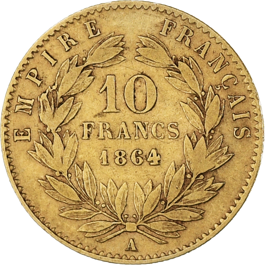 Moneta, Francja, Napoleon III, 10 Francs, 1864, Paris, VF(30-35), Złoto