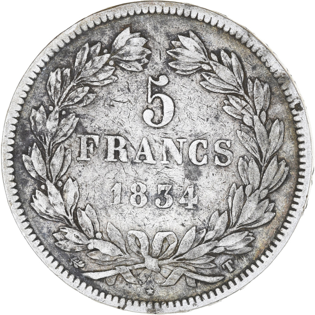 Coin, France, Louis-Philippe, 5 Francs, 1834, Nantes, VF(20-25), Silver