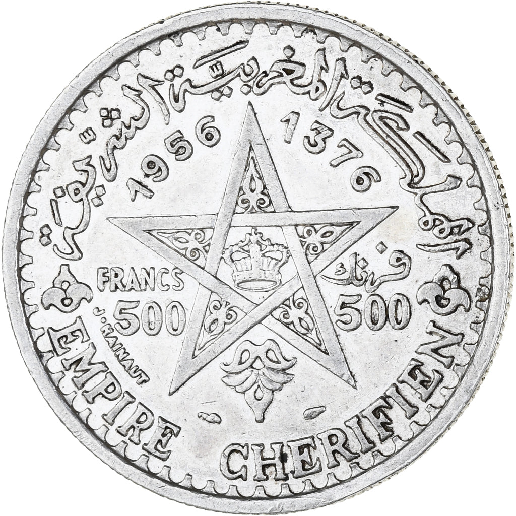 Coin, Morocco, Mohammed V, 500 Francs, 1956, Paris, EF(40-45), Silver, KM:54