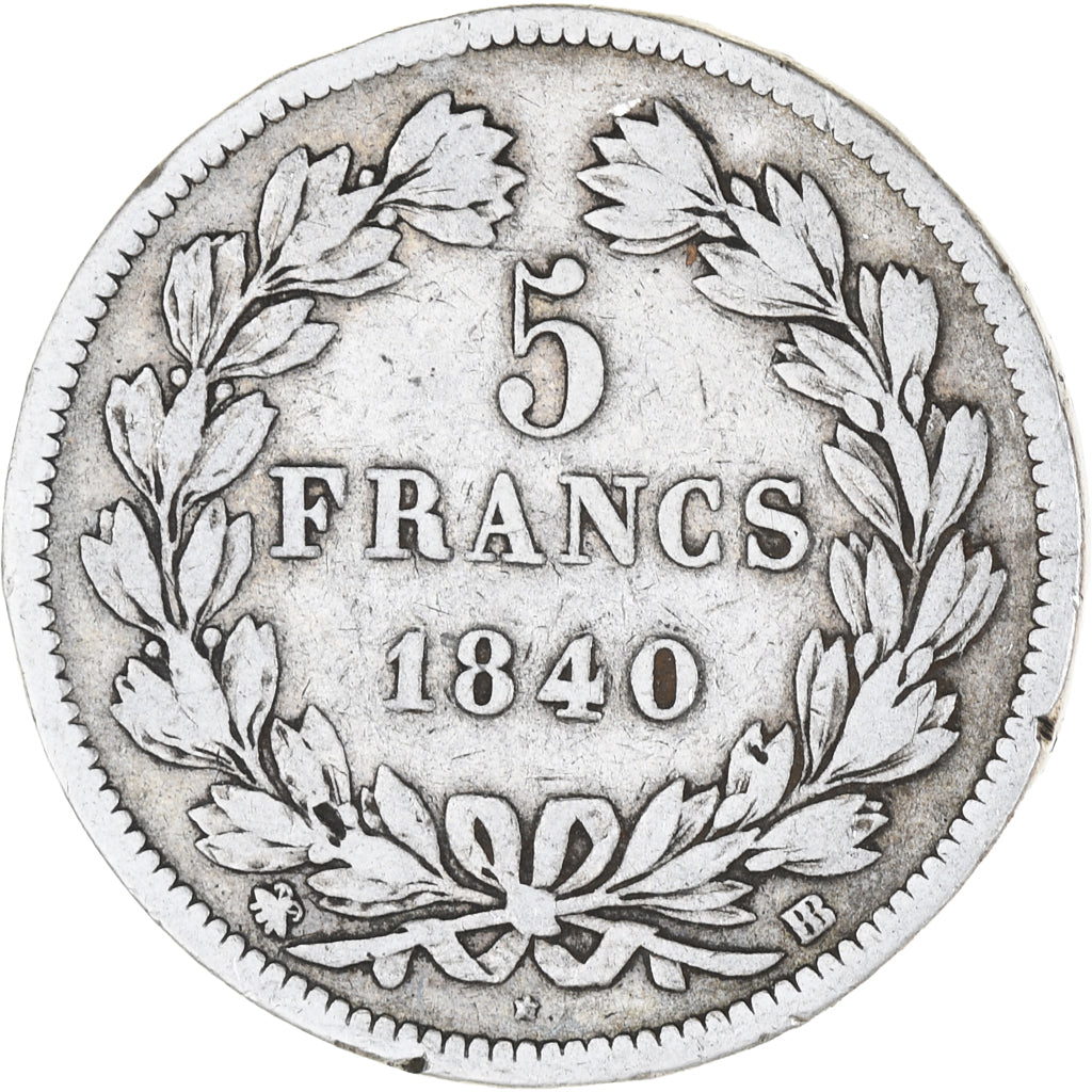 Moneda, Francia, Louis-Philippe, 5 Francs, 1840, Strasbourg, BC+, Plata