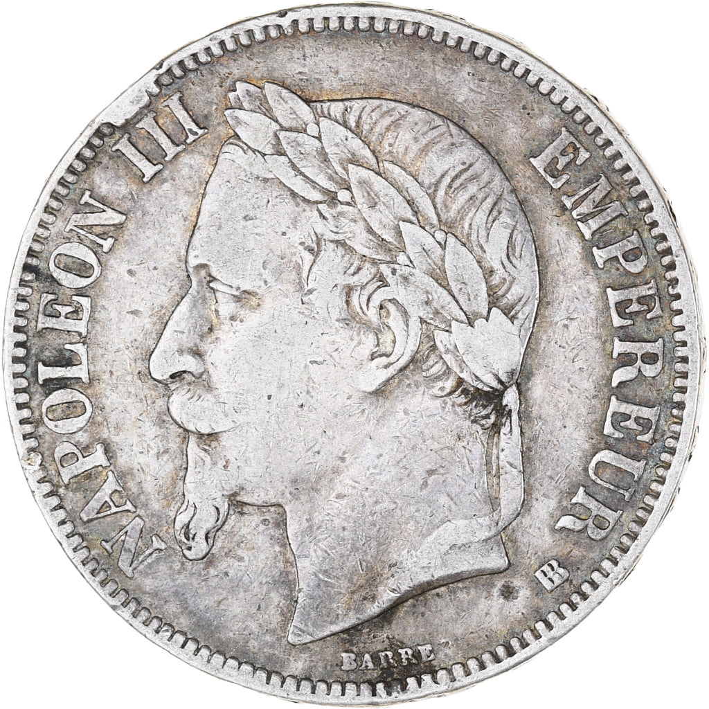 Moneda, Francia, Napoleon III, 5 Francs, 1868, Strasbourg, BC+, Plata