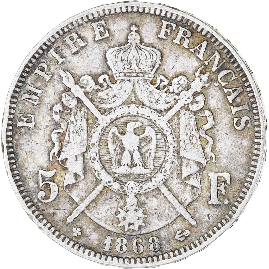 Moneda, Francia, Napoleon III, 5 Francs, 1868, Strasbourg, BC+, Plata
