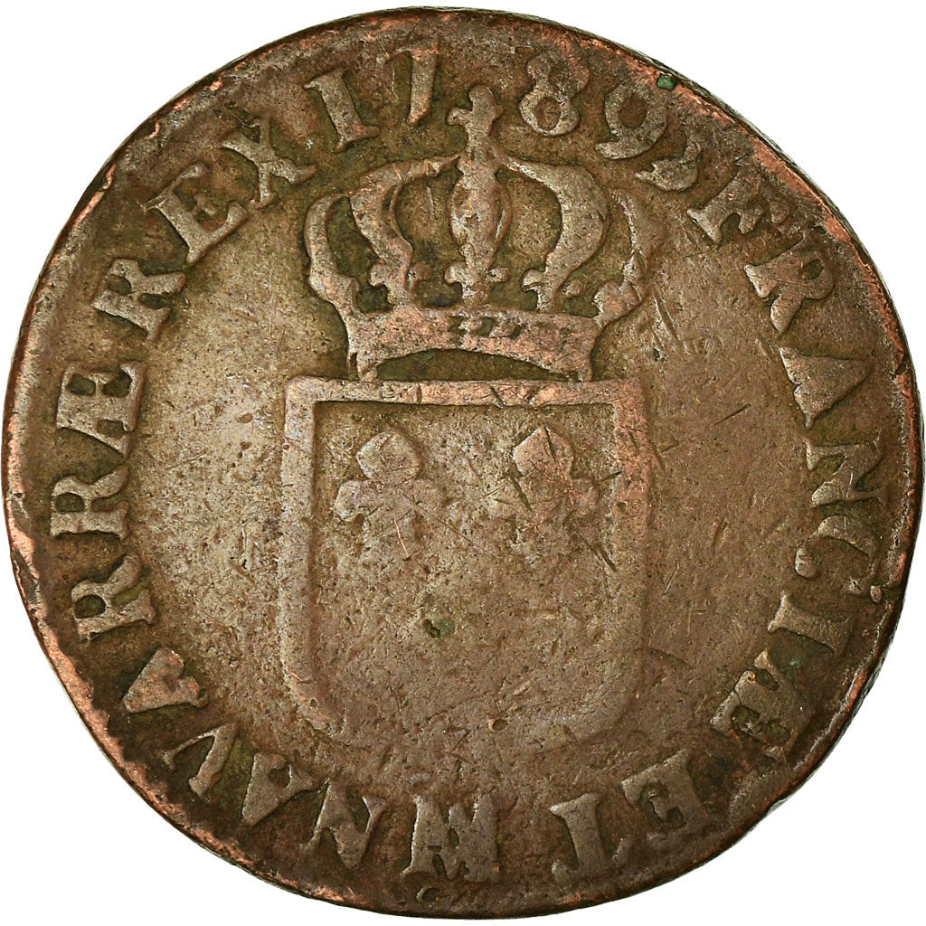 Monnaie, France, Louis XVI, Sol ou sou, Sol, 1789, Marseille, TB, Cuivre