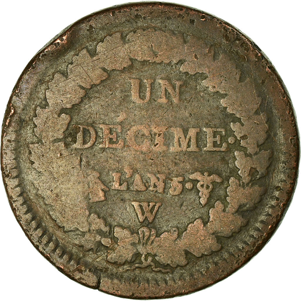 Moneda, Francia, Dupré, Decime, 1796, Lille, BC, Bronce, KM:644.11