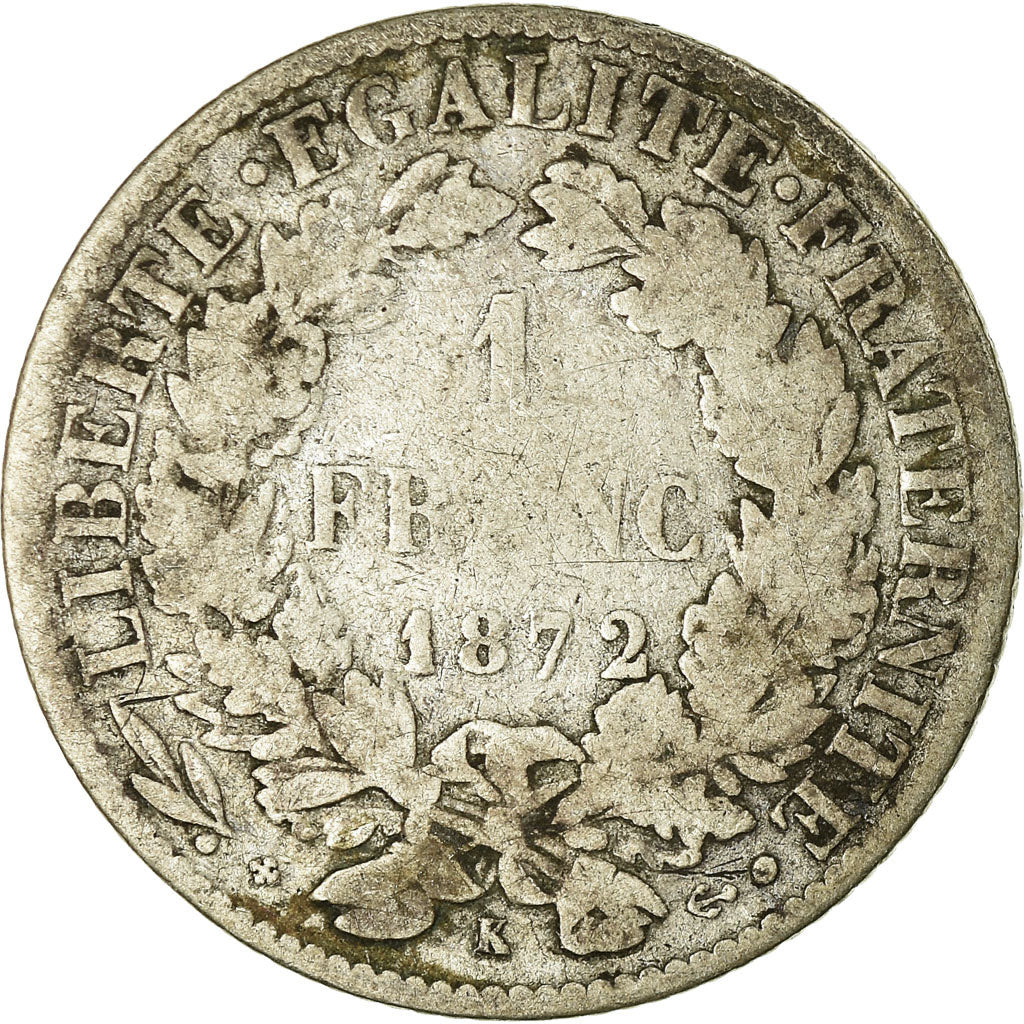 Moneta, Francja, Cérès, Franc, 1872, Bordeaux, F(12-15), Srebro, KM:822.2