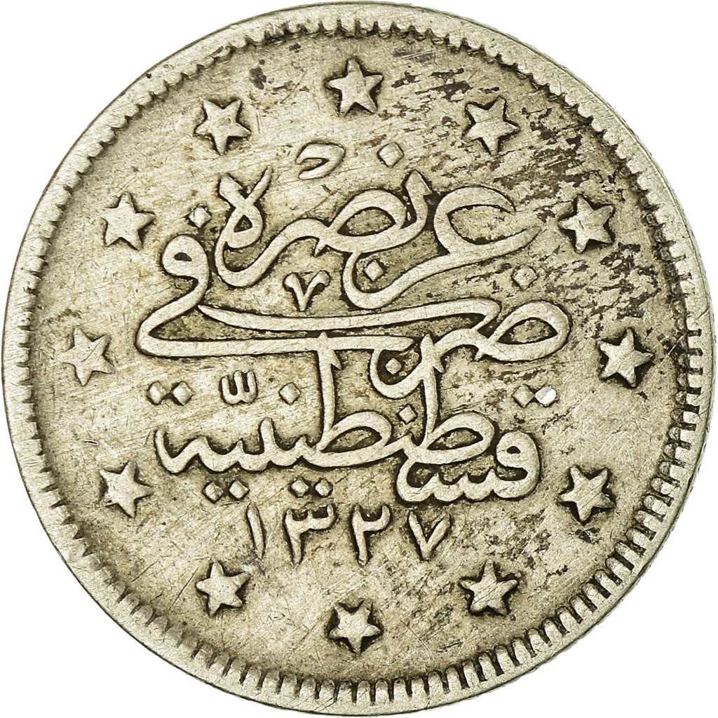 Coin, Turkey, Muhammad V, 2 Kurush, 1910/AH1327, Qustantiniyah, AU(50-53)