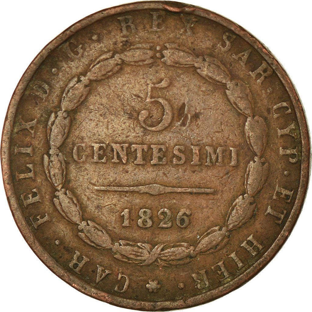 Coin, ITALIAN STATES, SARDINIA, Carlo Felice, 5 Centesimi, 1826, Genoa
