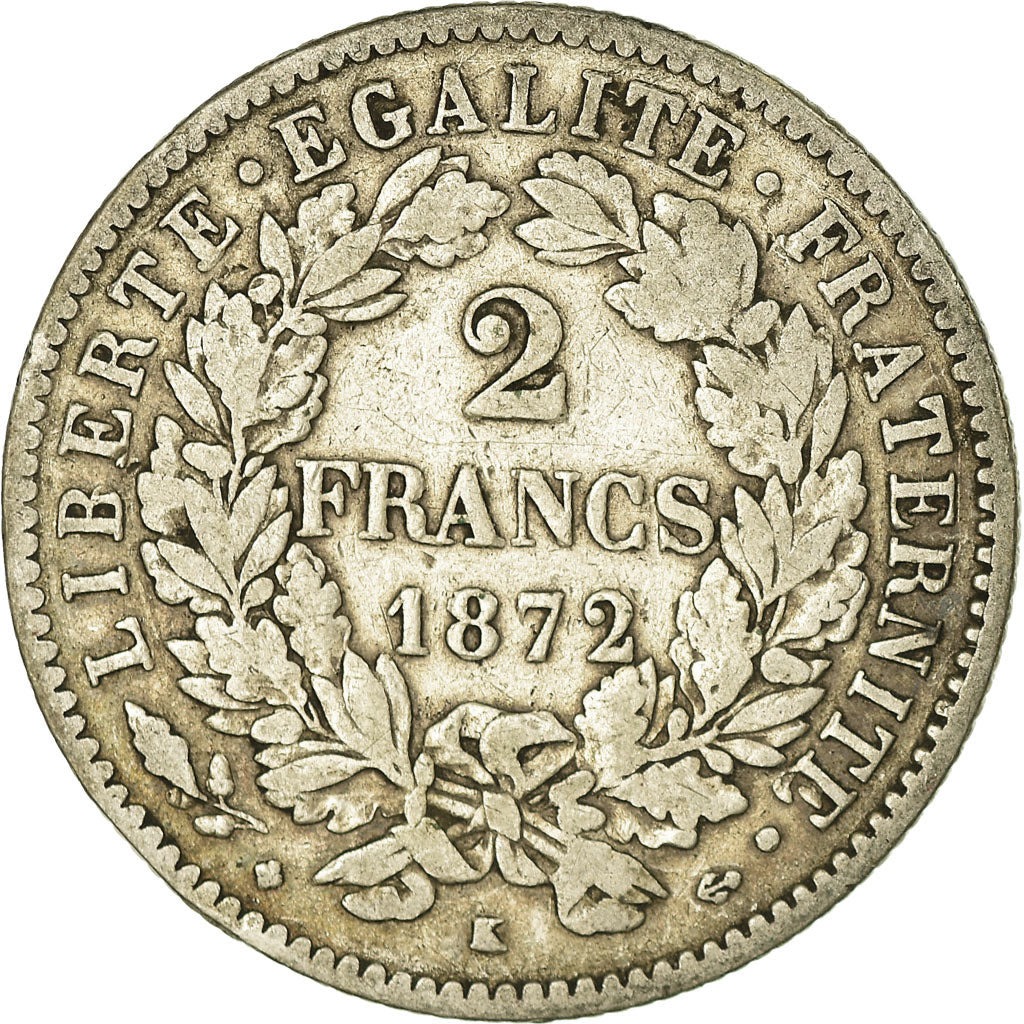 Coin, France, Cérès, 2 Francs, 1872, Bordeaux, VF(30-35), Silver, KM:817.2