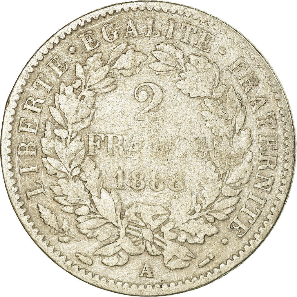 Coin, France, Cérès, 2 Francs, 1888, Paris, VF(20-25), Silver, KM:817.1