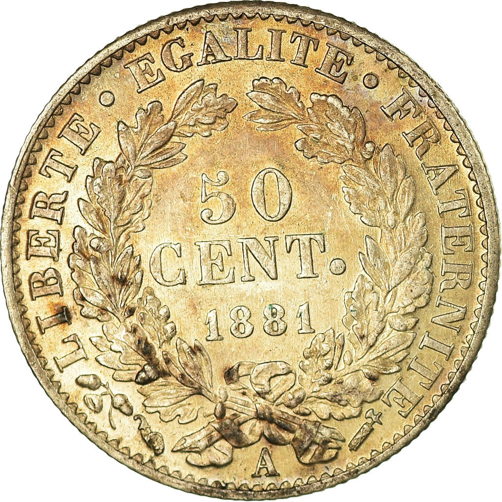 Moneda, Francia, Cérès, 50 Centimes, 1881, Paris, EBC+, Plata, KM:834.1