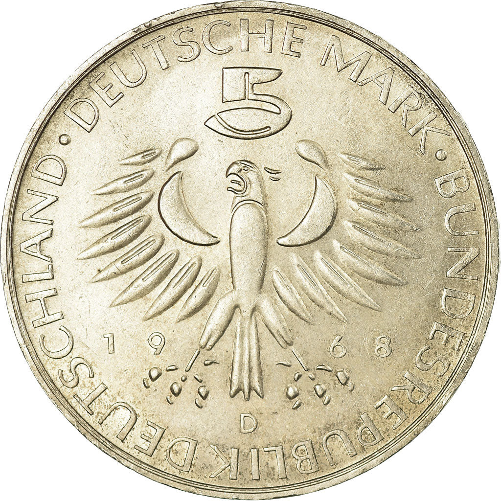 Moneta, Niemcy - RFN, 5 Mark, 1968, Munich, Germany, AU(55-58), Srebro