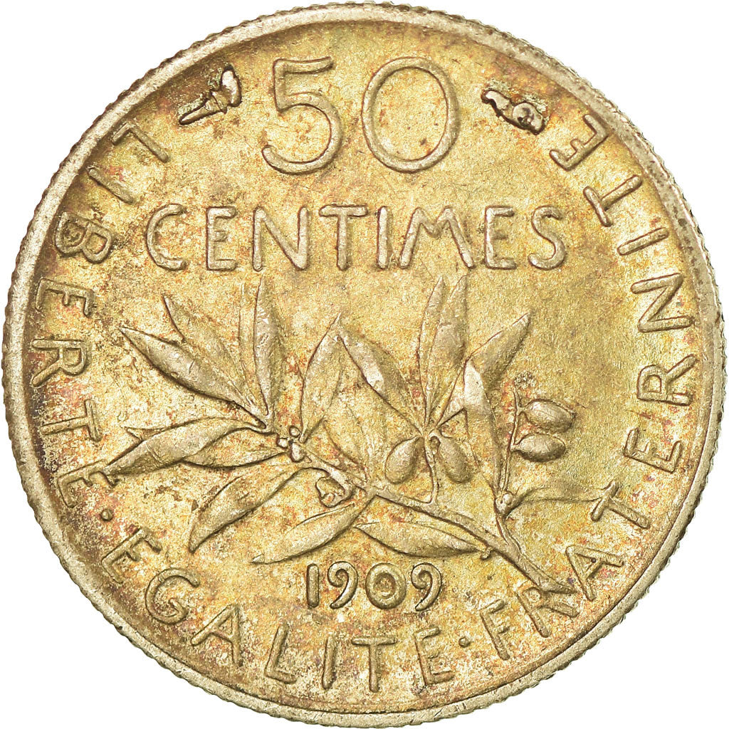 Moneta, Francia, Semeuse, 50 Centimes, 1909, Paris, BB+, Argento, KM:854