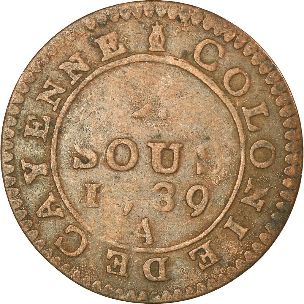 Coin, FRENCH GUIANA, 2 Sous, 1789, Paris, VF(30-35), Billon, KM:1, Lecompte:20