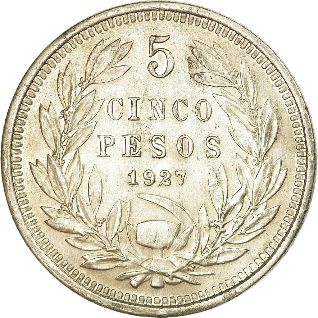 Moneda, Chile, 5 Pesos, 1927, Santiago, EBC, Plata, KM:173.1